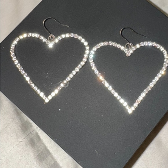 Cali Big Heart Design Sparkling Rhinestone Earrings silver 2.2”x1.60” - Picture 5 of 10